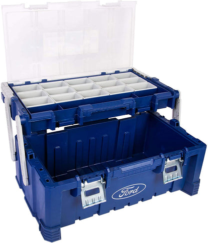 FORD TOOLS PLASTIC TOOL BOX WITH CANTILEVER LID, METAL LOCK